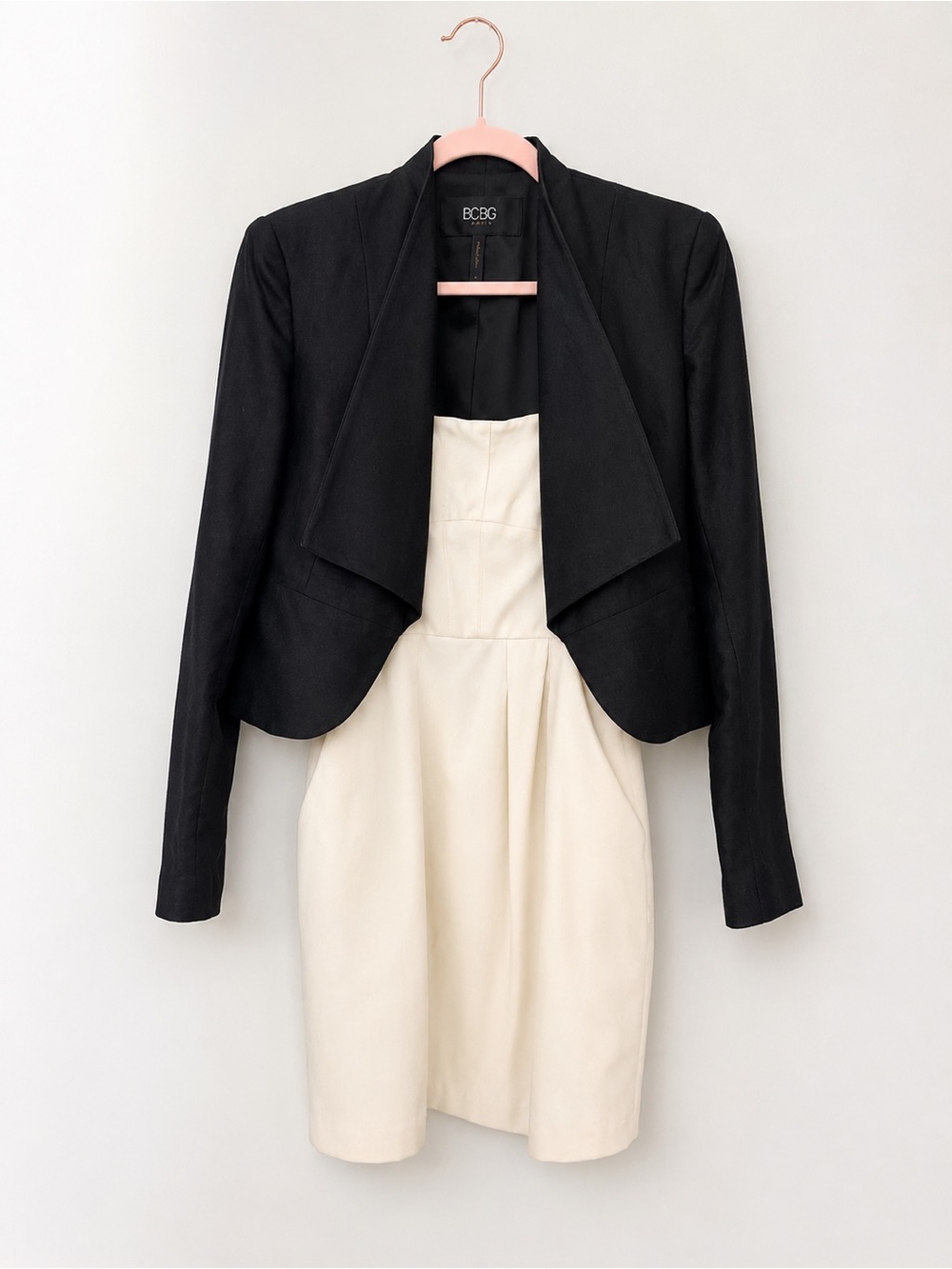 BCBG Paris Black Cropped Blazer & Cream Strapless Dress Set